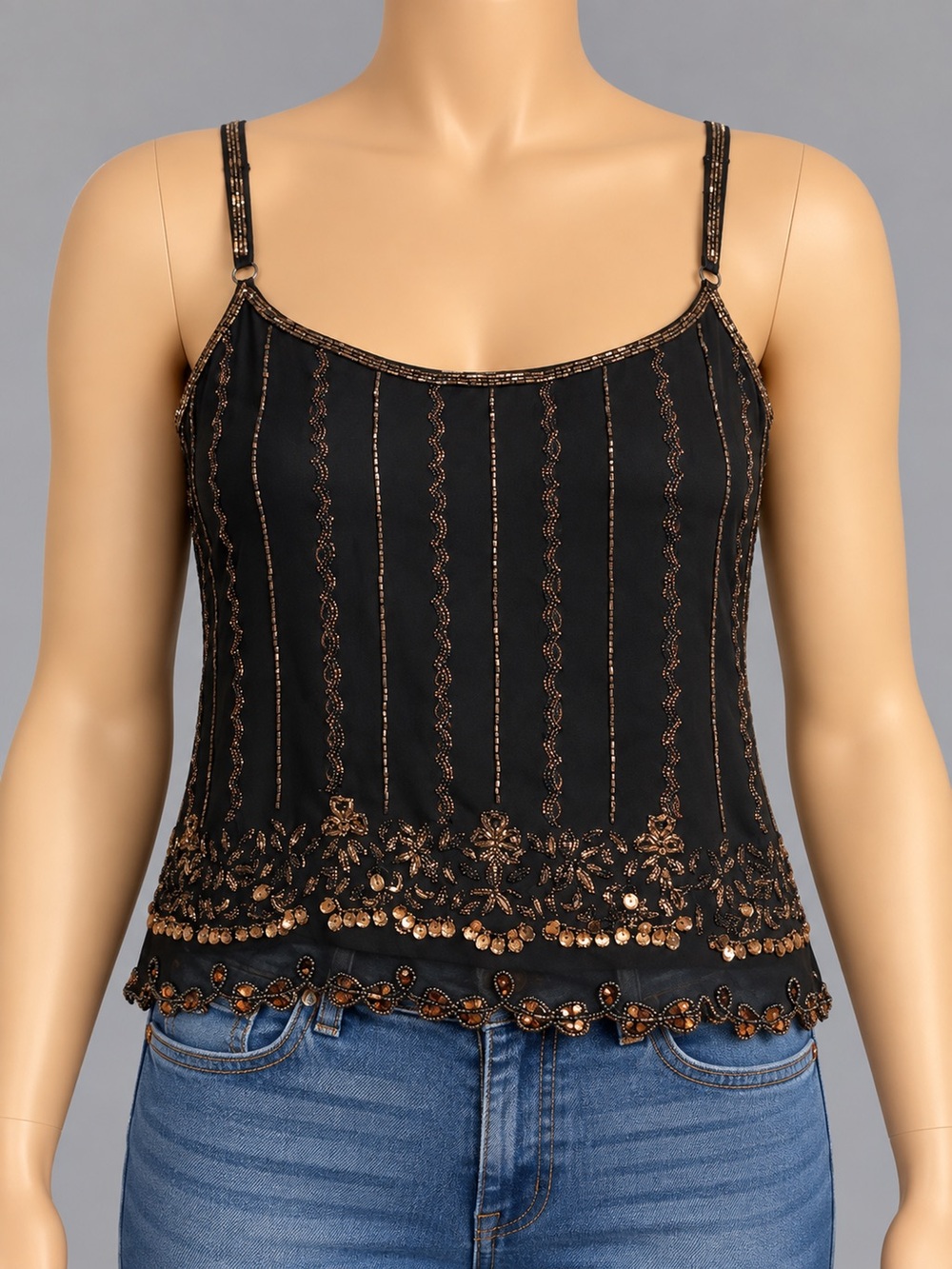 Betsey Johnson Silk Beaded Camisole S Black Y2K 90s Statement Top